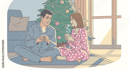 A couple in pajamas sits on the floor by a Christmas tree, with steam from a mug forming a dollar sign.