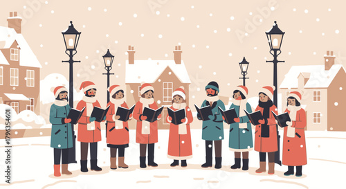 A group of carolers singing in the snow.