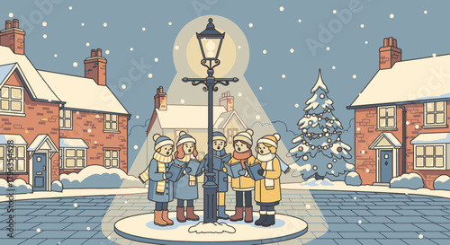 A charming illustration of children singing Christmas carols around a glowing lamppost in a snowy village at night.