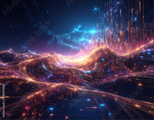 Futuristic city landscape bathed in vibrant light