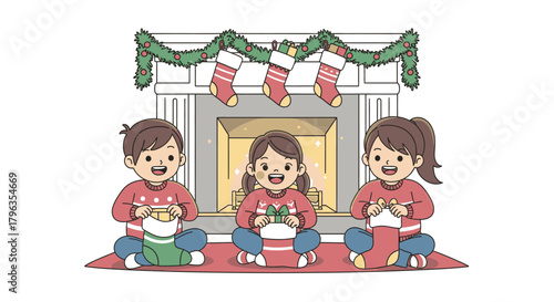 Three happy children in festive sweaters sitting by a fireplace on Christmas morning, filling stockings with gifts.
