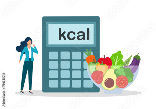 Сalories count concept vector illustration. Woman standing with calculator and salad.