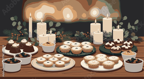 Festive table with candles and plates of mince pies and other desserts.