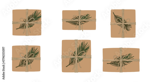 Six Kraft Paper Gift Boxes Tied with Twine and Decorated with Greenery.