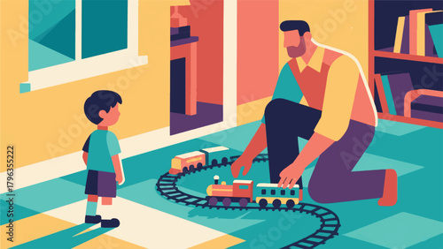 Illustration Of A Father And Son Playing With A Toy Train Vector Design Template