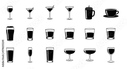 Diverse collection of hand drawn beverage glasses and cups for celebratory drinks and coffee
