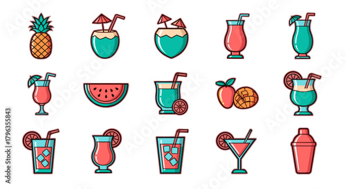 Vibrant tropical drinks and fruits create a refreshing summer party vibe