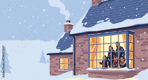 Illustration of a family looking out of a window at a snowy landscape.