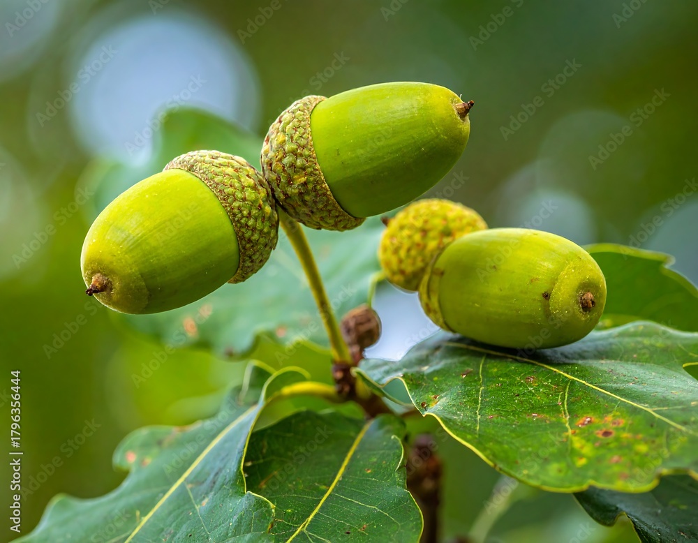 Obraz premium Close-up of green acorns on an oak branch against a blurred green and blue background