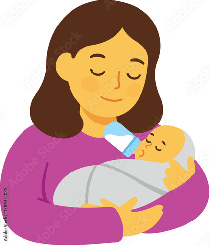 Mother feeding baby with milk bottle, tender moment illustration