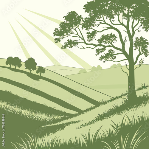 Stylized illustration of rolling green hills with a large tree and sunbeams casting shadows across the landscape