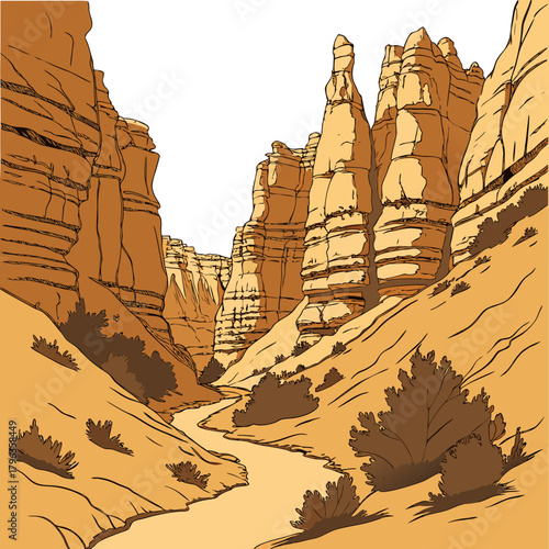 Stylized illustration of a winding river flowing through a majestic sandstone canyon with dramatic rock formations and sparse desert vegetation
