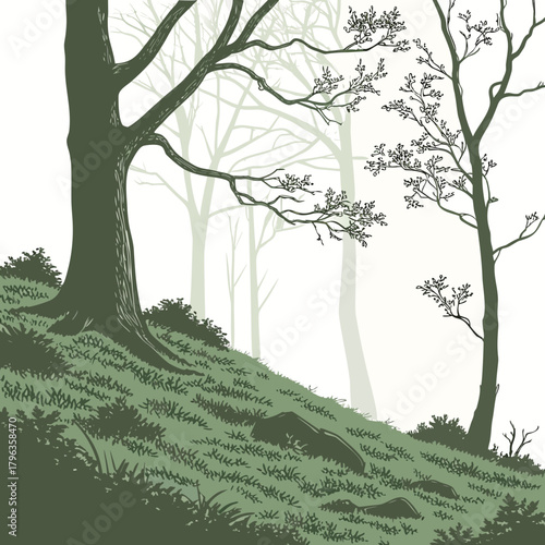 Stylized illustration of a misty forest scene with silhouetted trees and grassy hillside
