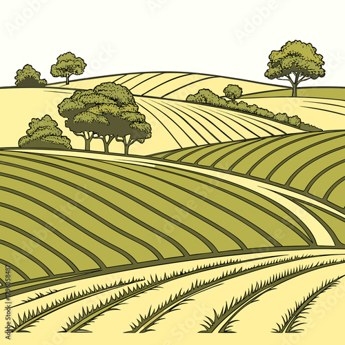 Rolling green agricultural fields with trees and bushes under a pale sky in a stylized illustration