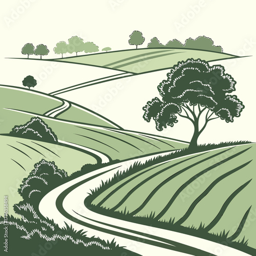 Stylized illustration of rolling green hills with a winding road and solitary trees under a pale sky