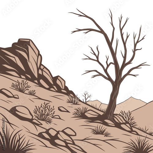 Stylized illustration of a barren desert landscape with a dead tree and rocky hills under a white sky