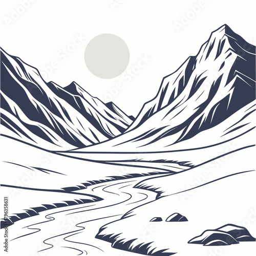 Stylized minimalist illustration of a winding river flowing through a valley between majestic mountain peaks under a pale sun
