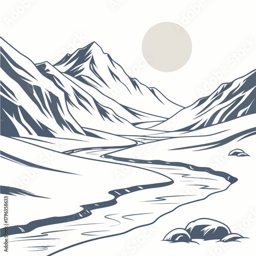 Serene mountain valley landscape with a winding river flowing under a pale sun