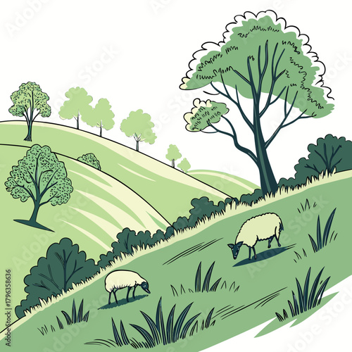 Idyllic green rolling hills with sheep grazing under a large tree and scattered foliage