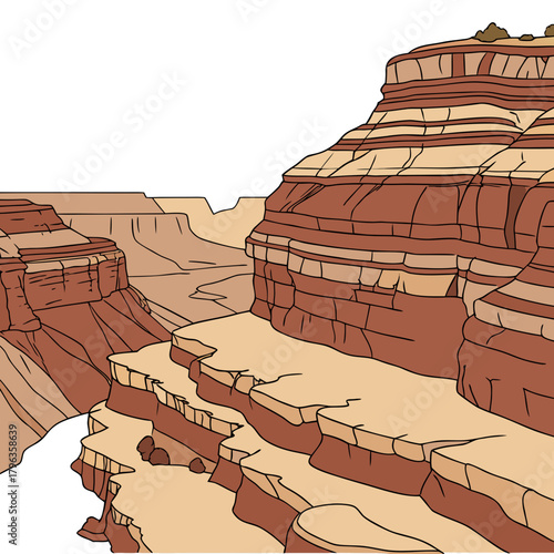 Stylized illustration of the grand canyon with layered rock formations and a vast canyon landscape