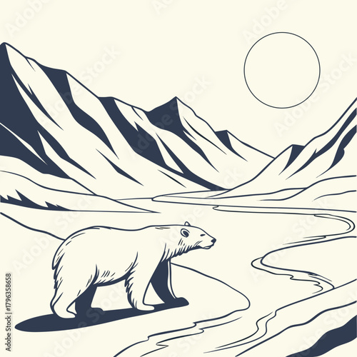 Stylized polar bear walking through a minimalist arctic landscape with mountains and a winding river under a large sun