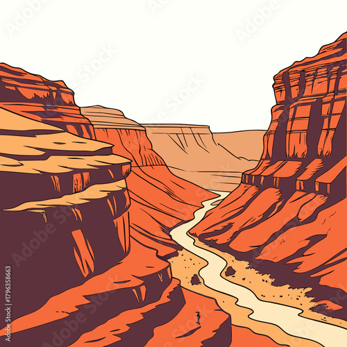 Vibrant stylized illustration of a majestic canyon landscape with a winding river flowing through its depths