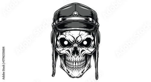 Creepy skull wearing pilot cap for edgy designs or Halloween themed illustrations