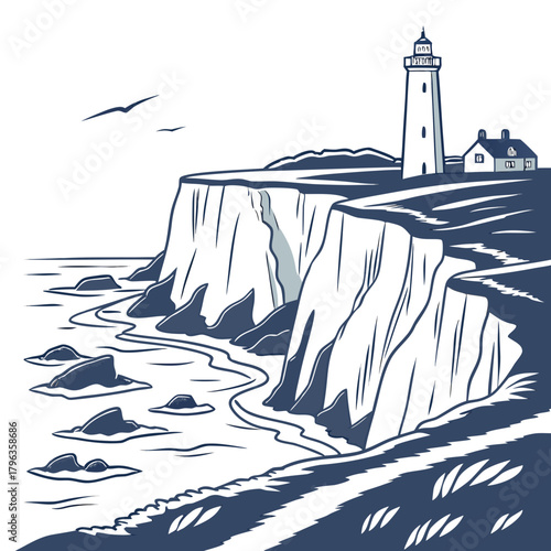 Stylized illustration of a coastal lighthouse and keeper s cottage perched atop dramatic white cliffs overlooking the ocean with seagulls flying