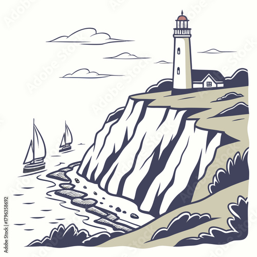 Scenic coastal landscape featuring a tall lighthouse on a cliff overlooking the ocean with sailboats on the water
