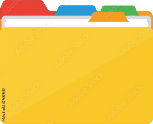 Yellow file folder with tabbed dividers, organized data