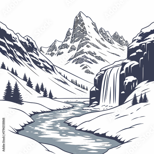 Serene winter landscape featuring snow capped mountains a cascading waterfall and a winding river through a valley