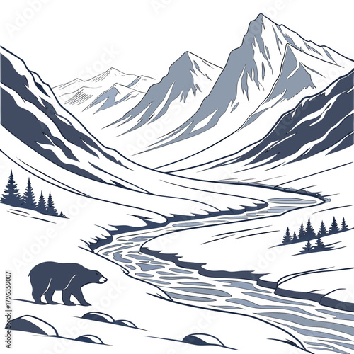 A solitary bear walks through a serene winter mountain valley with a winding river and snow covered peaks