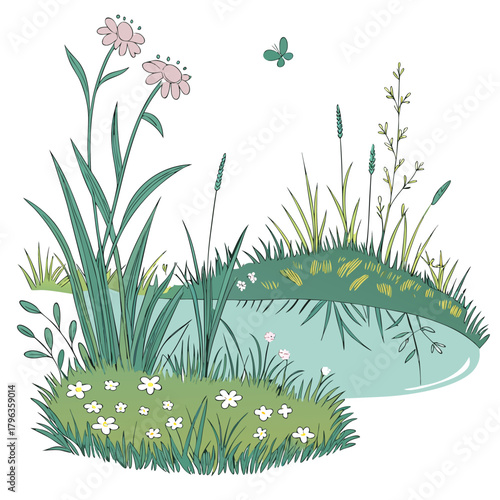 Whimsical illustration of a peaceful pond with delicate flowers and a fluttering butterfly in a serene natural setting