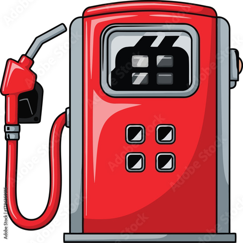 Red cartoon gas pump with nozzle and fuel gauge