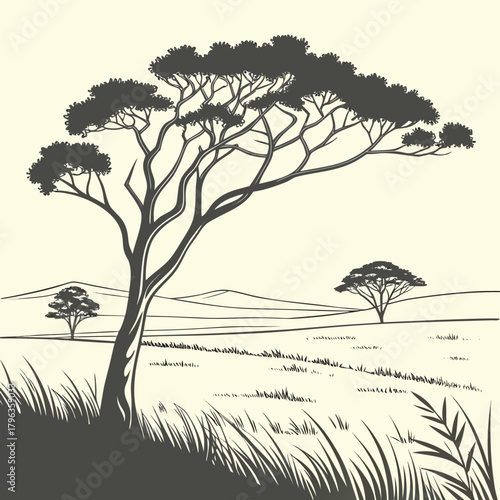 Silhouette of an iconic acacia tree in the vast african savanna landscape under a pale sky