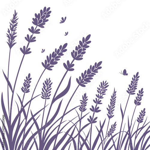 Delicate purple lavender flowers and slender green leaves sway gently with small butterflies fluttering in the background