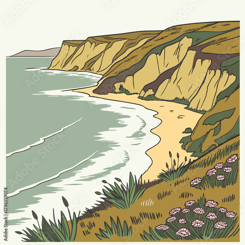 Stylized illustration of a serene coastal landscape with sandy beach rolling waves and dramatic cliffs covered in vegetation and wildflowers