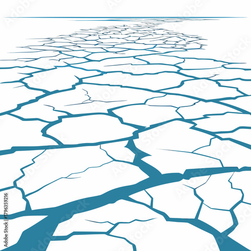 Cracked ice floes on a vast expanse of water stretching towards the horizon under a clear sky