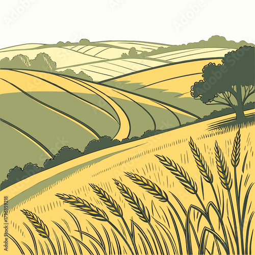 Stylized illustration of rolling golden wheat fields and green pastures under a pale sky