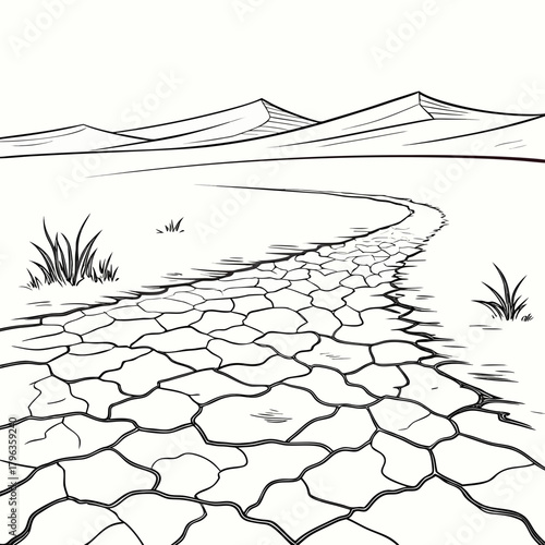 Winding cracked earth path leads through a barren desert landscape with distant sand dunes under a clear sky