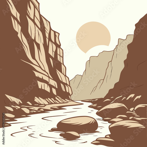 Stylized illustration of a winding river flowing through a majestic canyon under a partially eclipsed sun