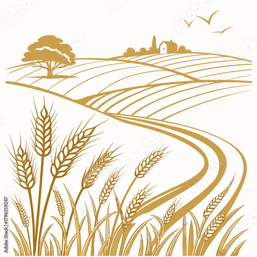 Golden wheat fields stretch across rolling hills towards a distant farm with birds flying overhead