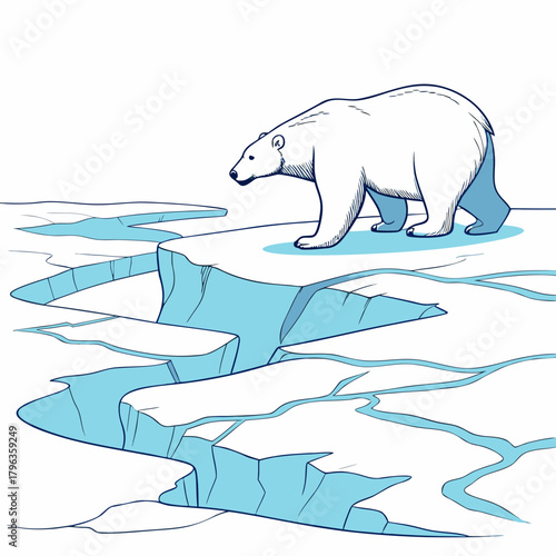 A solitary polar bear walks carefully across a melting ice floe with deep cracks and open water