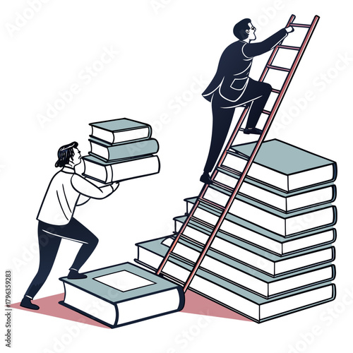 Man climbs ladder made of books to reach higher knowledge and success while another person carries more books