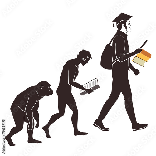 Human evolution from ape to educated student carrying books and wearing graduation cap walking forward