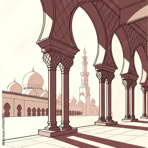 Intricate islamic architecture with arches and minaret against a bright sky