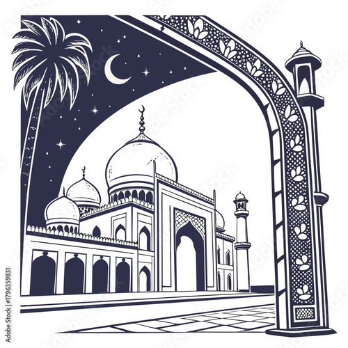 Majestic islamic architecture with domes and minarets framed by an ornate archway under a starry night sky