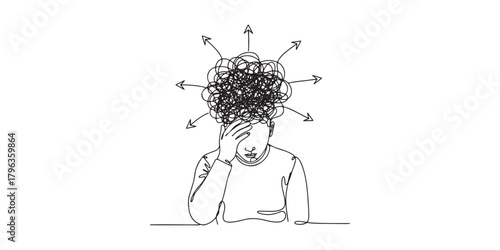 Minimalist line art illustration of a stressed person holding head with messy scribble lines symbolizing anxiety, confusion, or mental overload, workplace stress, burnout, and emotional exhaustion.