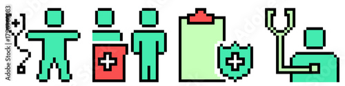 Set pixel health check up vector. Collection of 8 bit icons for medical examination, wellness, and preventative healthcare themes. Ideal for retro game assets and digital health interfaces.	