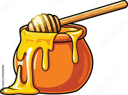 Honey pot dripping golden sweetness with wooden dipper